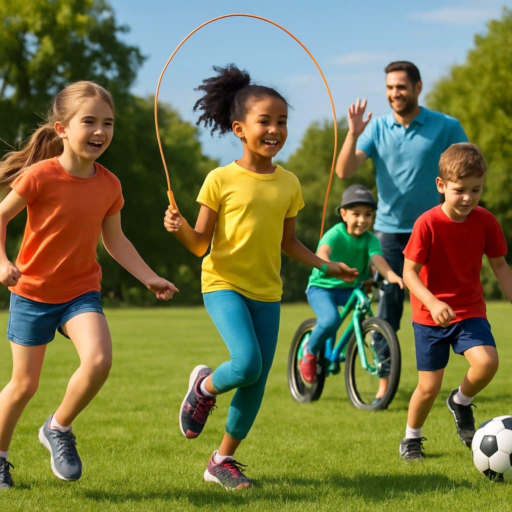 Children playing various physical activities outdoors in a sunny park, including running, jumping rope, playing soccer, and riding bicycles.