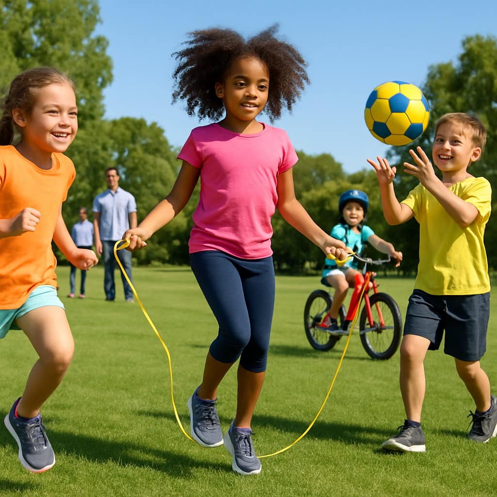 Children playing and exercising outdoors in a park, running, jumping rope, and riding bicycles on a sunny day.