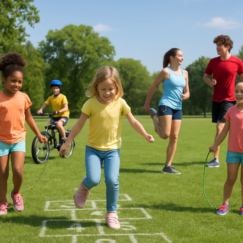 Children and teenagers engaging in various outdoor physical activities in a sunny park.