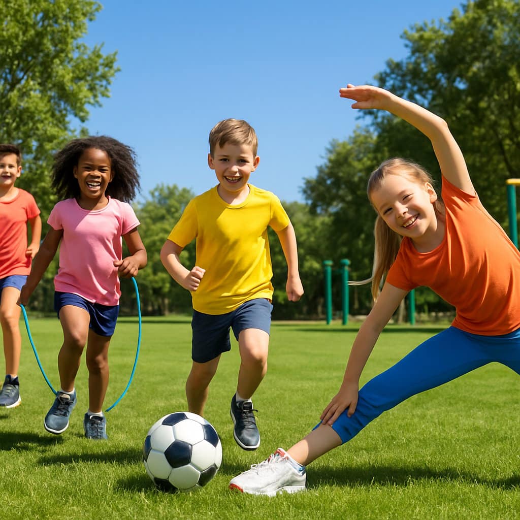Children playing and exercising outdoors in a park, running, jumping rope, and playing soccer on green grass.