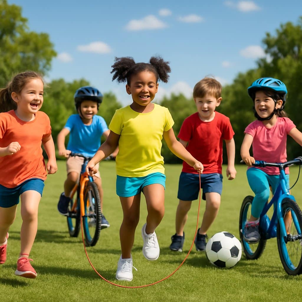 Children playing and exercising outdoors in a sunny park, running, jumping rope, playing soccer, and riding bicycles.