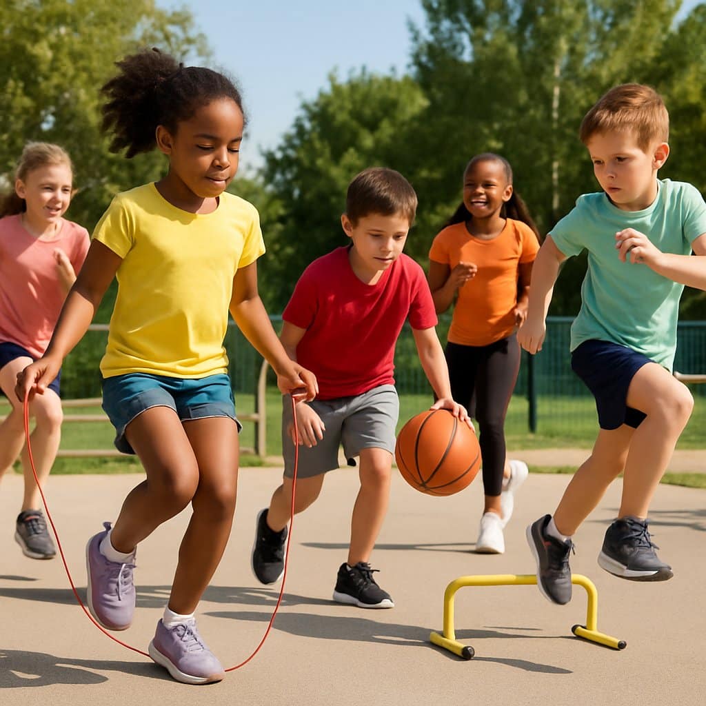 Children playing and exercising outdoors on a sunny day, running, jumping rope, and playing with a ball near a playground with small obstacles.