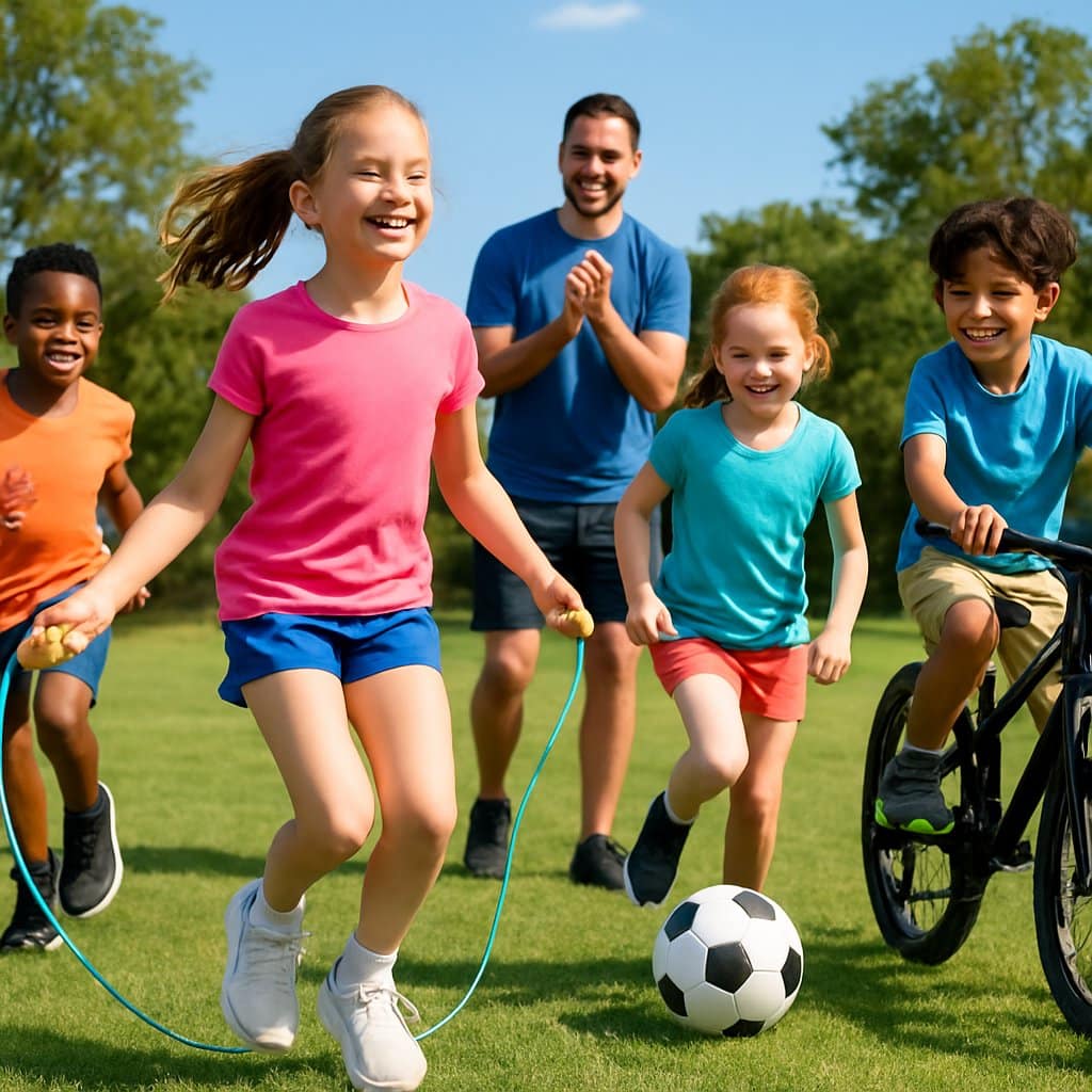 Children playing and exercising outdoors in a park while an adult encourages them.