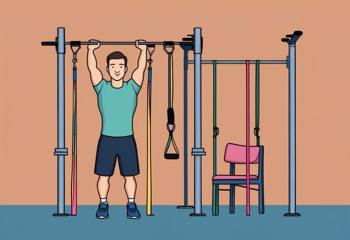 A person using resistance bands, a pull-up bar, and a chair for modified pull-up exercises