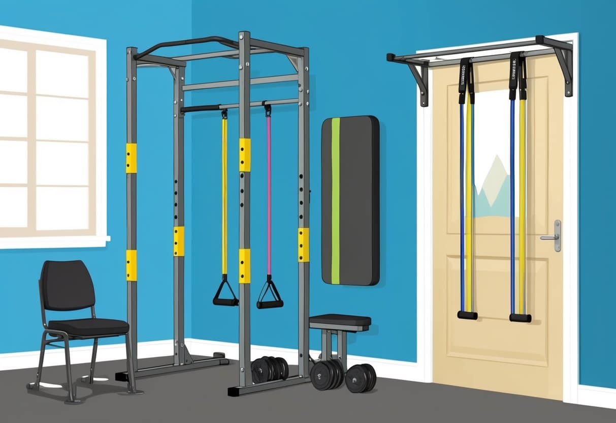 A pull-up bar with resistance bands, a chair for assisted pull-ups, a set of dumbbells, and a doorway pull-up bar mounted at home