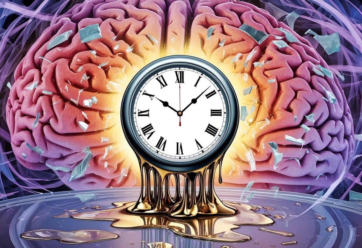 A clock melting and distorting, surrounded by swirling, fragmented images of a brain