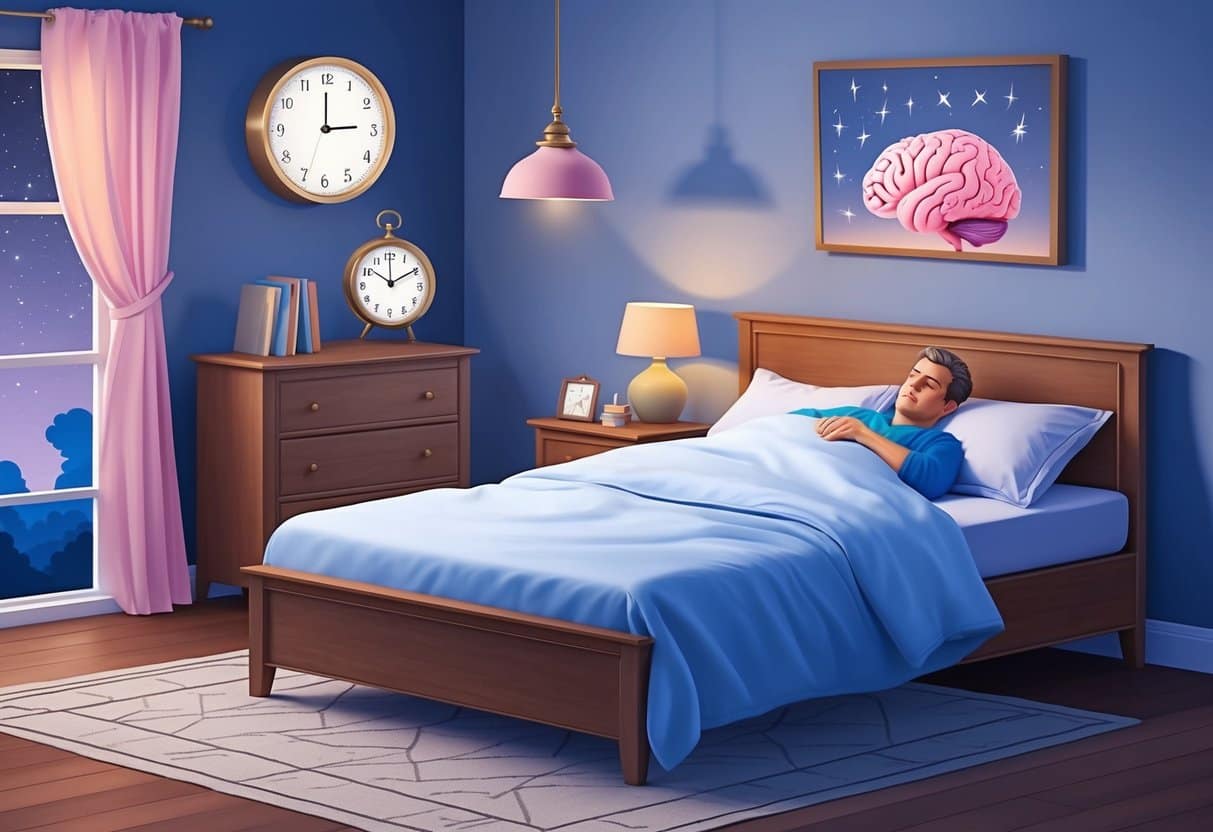 A peaceful bedroom with a clock showing late night, a brain with aging effects, and a restless sleeper tossing and turning in bed
