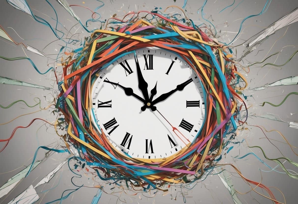 A tangled and distorted clock face surrounded by swirling, fragmented thoughts
