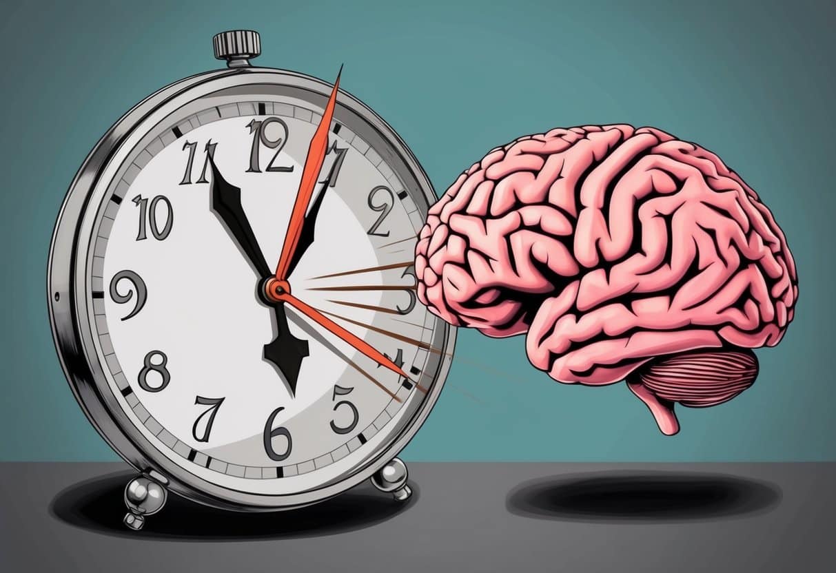 A clock with hands spinning out of control while a brain deteriorates in fast-forward