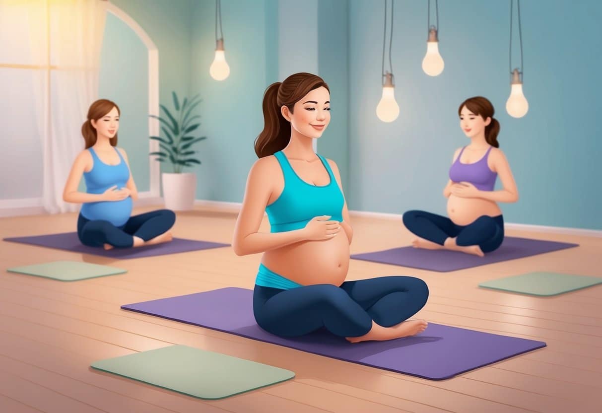 A pregnant woman in a yoga studio, surrounded by soft lighting and calming music, performing gentle, modified Pilates exercises with the guidance of a certified prenatal Pilates instructor