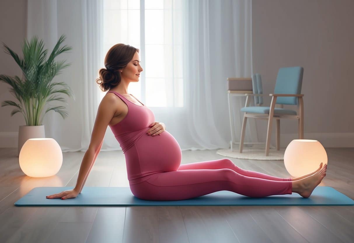 A serene pregnant woman practicing prenatal Pilates, surrounded by soft lighting and gentle music, easing her pregnancy symptoms with each graceful movement