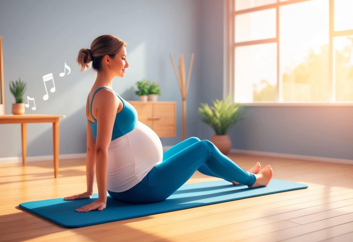 A pregnant person doing prenatal Pilates exercises in a peaceful, sunlit studio with soft music playing in the background