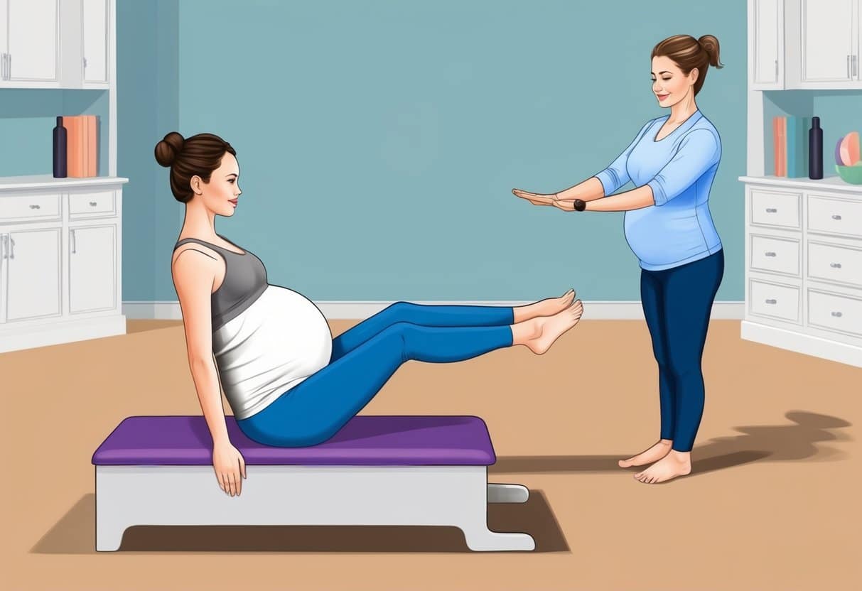 A pregnant woman doing Pilates with a prenatal instructor, demonstrating modified exercises for each trimester