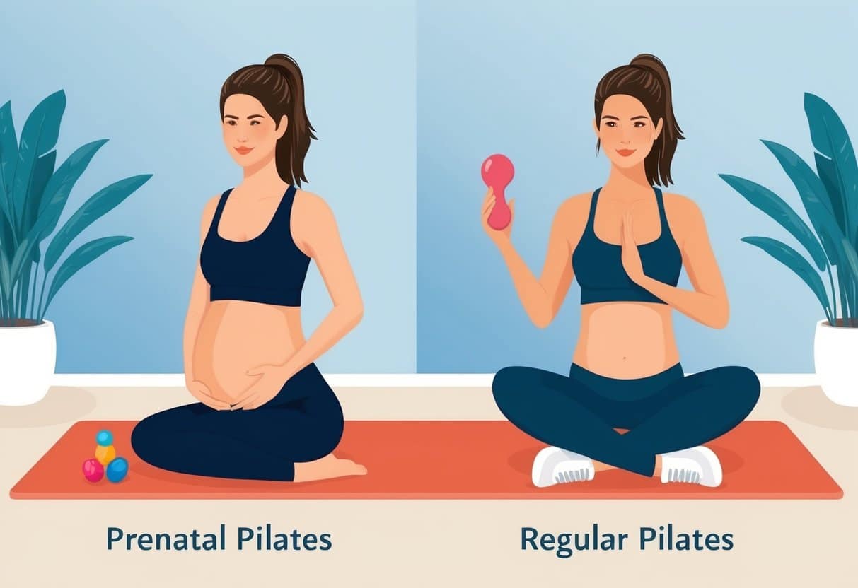 A woman transitions from prenatal Pilates to regular Pilates, symbolized by a changing workout outfit and a baby's rattle left behind
