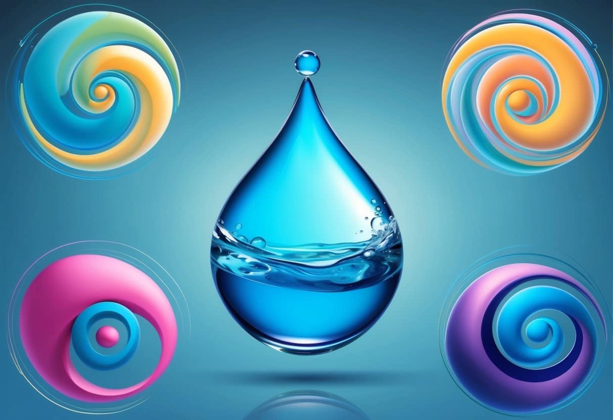 A water droplet surrounded by six swirling myths, each depicted as a unique, abstract shape