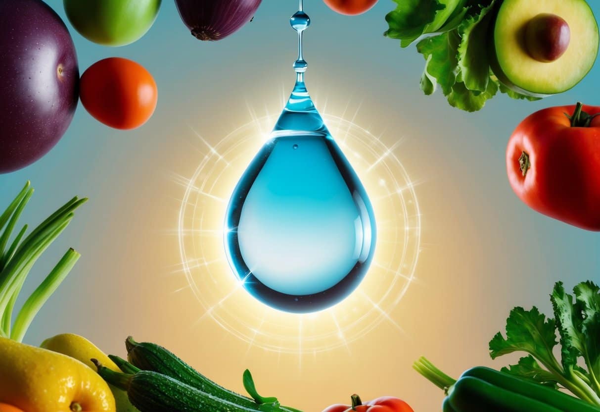 A clear water droplet suspended in mid-air, surrounded by various fruits and vegetables, with a glowing aura emanating from it