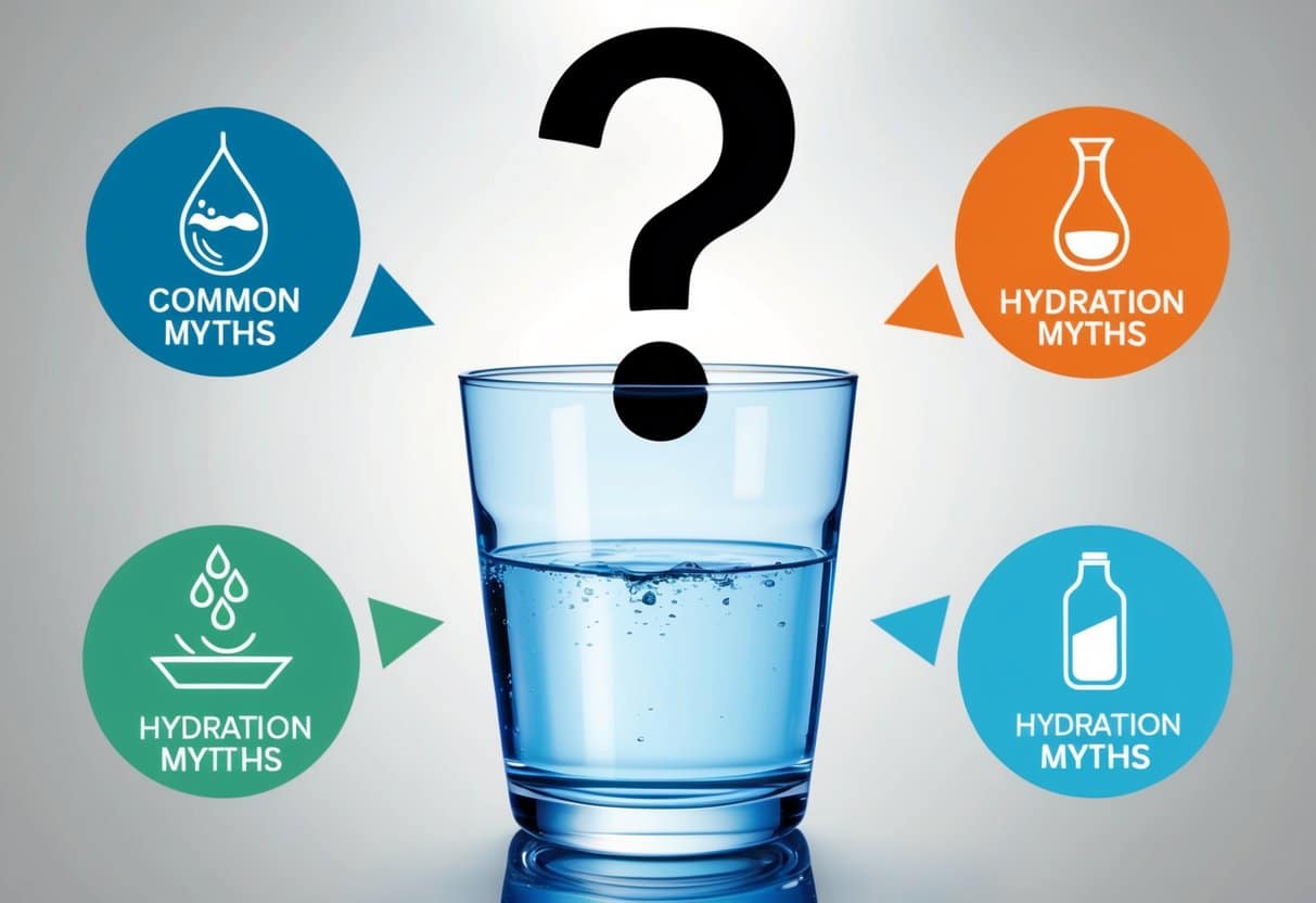 A glass of water with a question mark hovering above it, surrounded by various symbols representing common hydration myths