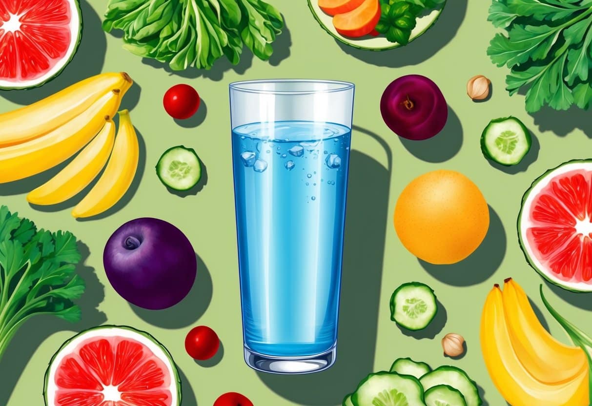 A glass of water surrounded by various healthy beverage options, including fruits and vegetables