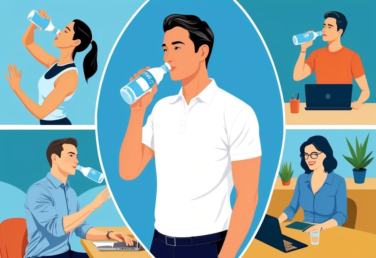 A person drinking water while engaging in various lifestyle activities, such as exercising, working, and socializing