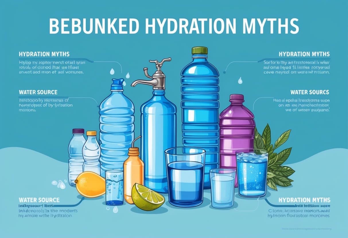 A variety of water sources surrounded by debunked hydration myths