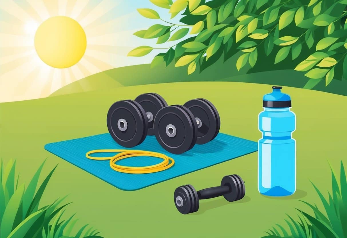 A serene outdoor setting with a yoga mat, dumbbells, resistance bands, and a water bottle. Sunshine and greenery create a peaceful atmosphere for a workout
