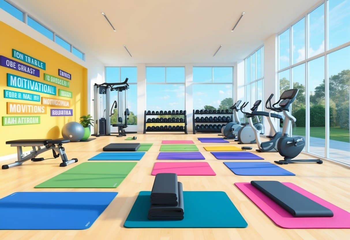 A bright, airy gym with modern equipment and colorful workout mats. An open space for yoga and stretching. A wall of motivational quotes and images