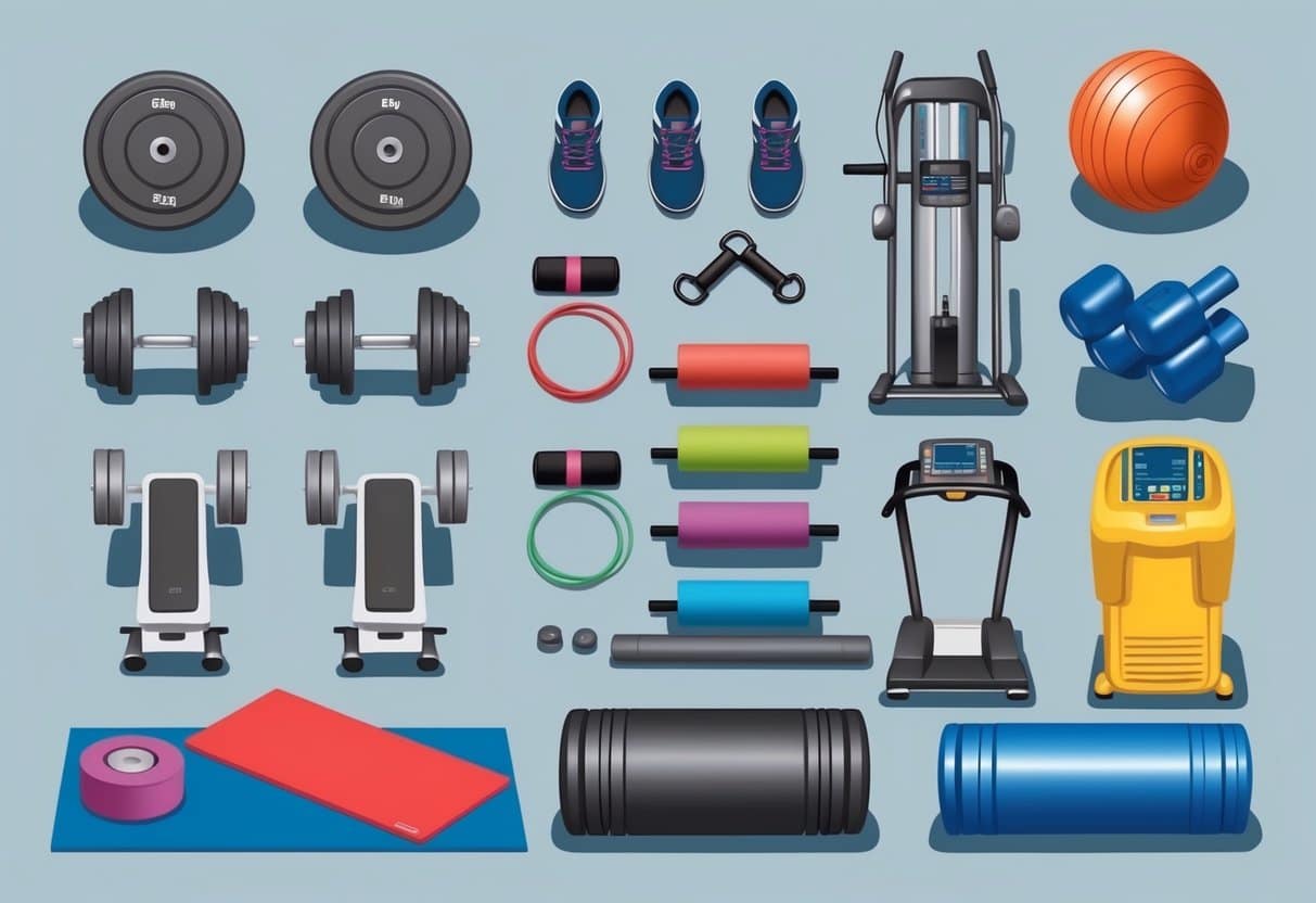 A diverse set of exercise equipment arranged in a gym setting, including free weights, resistance bands, yoga mats, and cardio machines