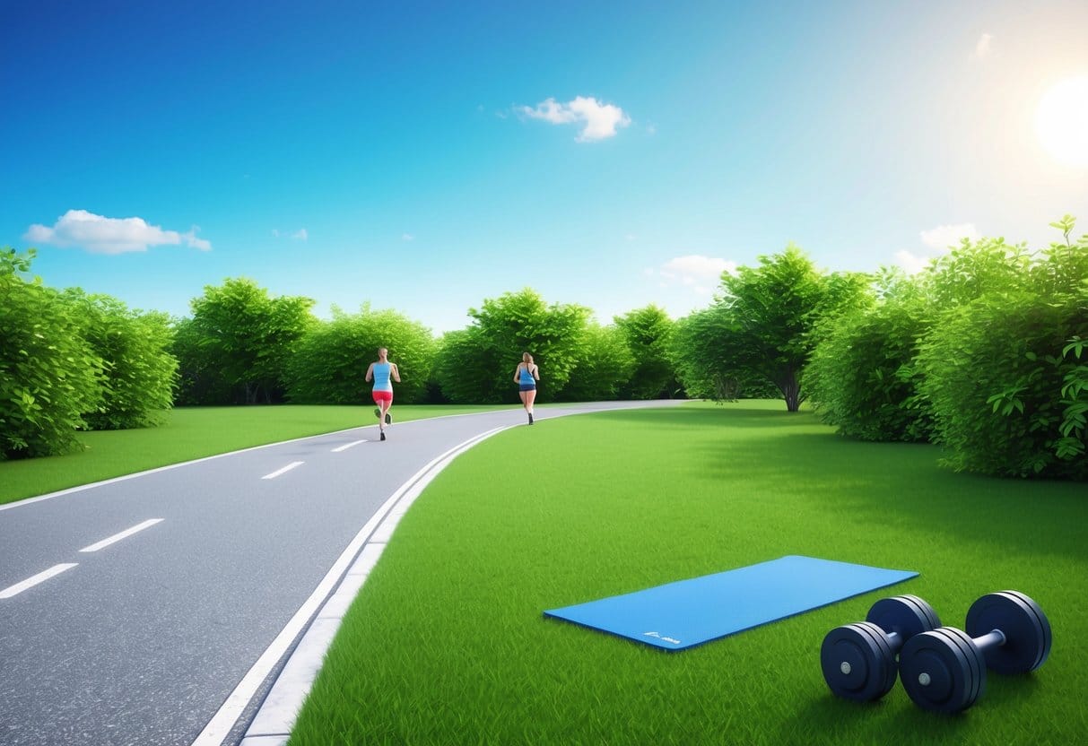 A serene outdoor setting with a clear blue sky, lush greenery, and a paved path for jogging or cycling. A nearby yoga mat and set of free weights are positioned on the grass