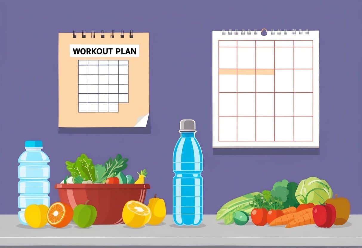 A kitchen counter with fresh fruits, vegetables, and a water bottle. A workout plan and a calendar pinned on the wall