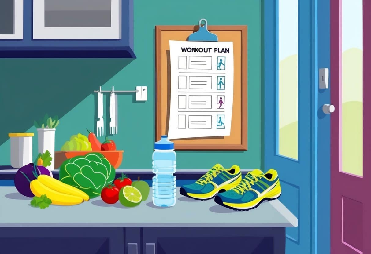 A kitchen counter with fresh fruits, vegetables, and a water bottle. A workout plan pinned to a bulletin board. Outdoor running shoes by the door