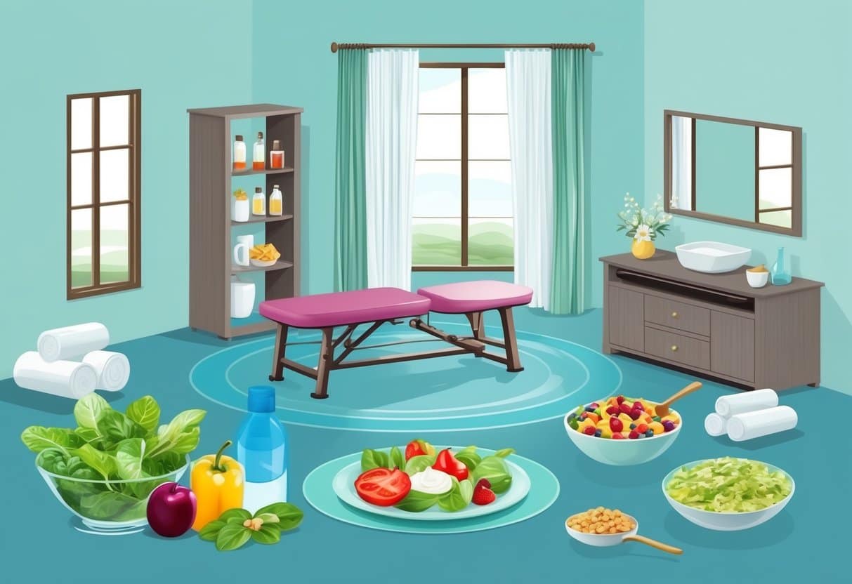 A serene spa setting with exercise equipment and healthy food options for a pre-wedding health and beauty regimen