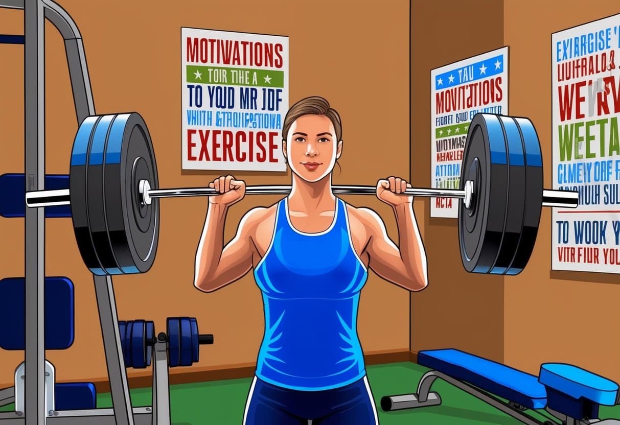 A person lifting weights in a gym, surrounded by exercise equipment and motivational posters