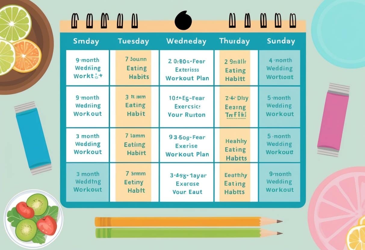 A calendar with daily exercise and healthy eating habits marked for a 9-month wedding workout plan