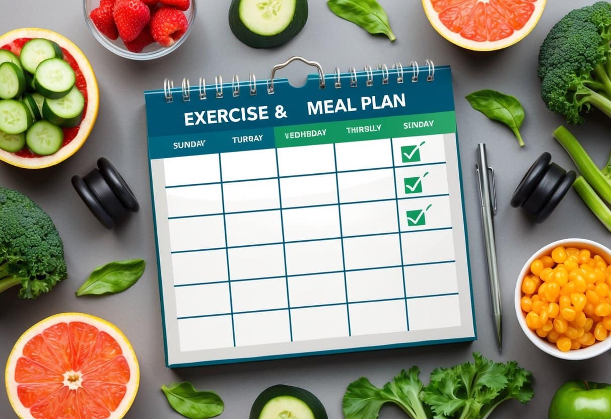 A calendar with daily exercise and meal plan checkmarks, surrounded by images of healthy foods and workout equipment