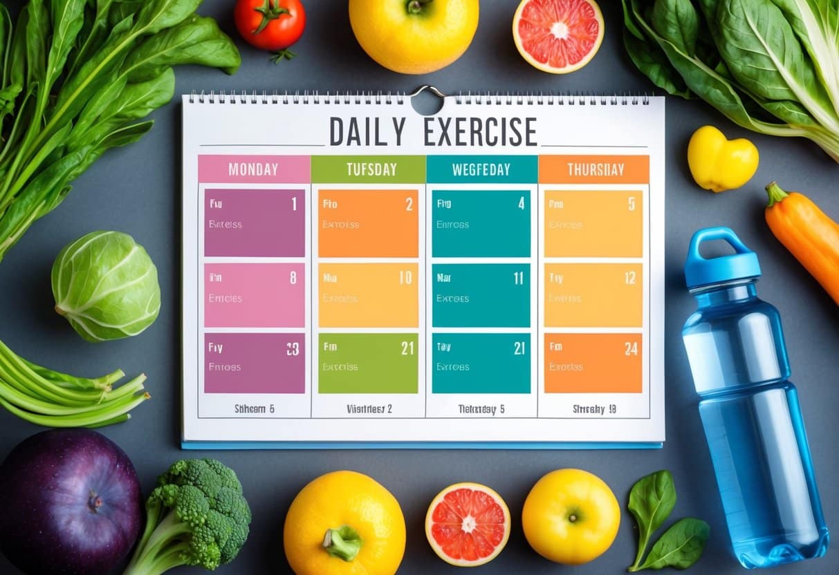A calendar with daily exercise and meal plan charts, surrounded by fresh fruits and vegetables, a water bottle, and workout gear
