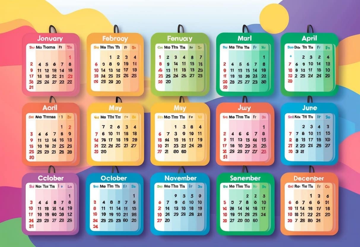 A colorful calendar with healthy activities and exercise routines marked for each day over the course of 9 months