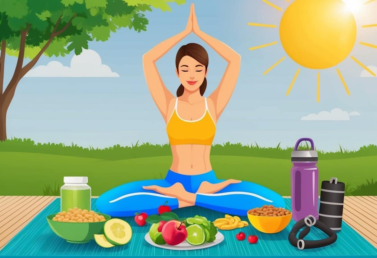 A sunny outdoor setting with a woman doing yoga, surrounded by healthy food and exercise equipment
