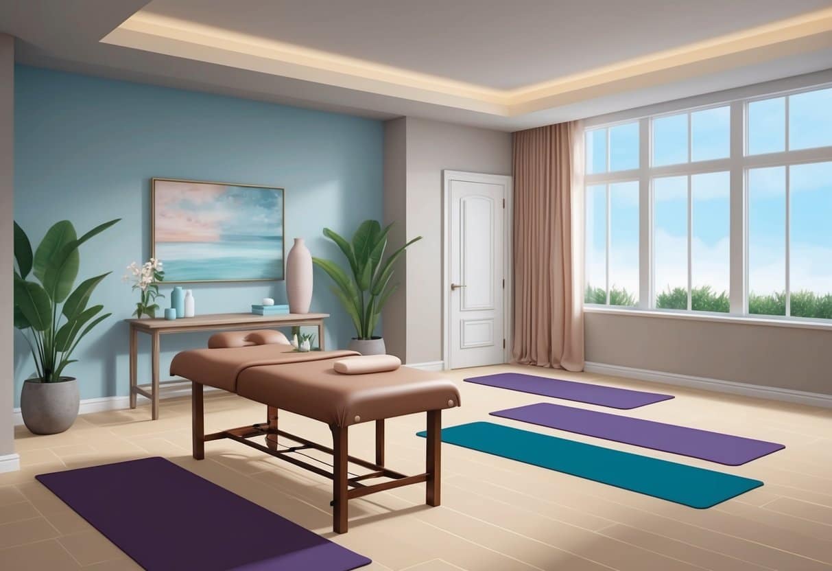 A serene massage room with a massage table and soothing decor, alongside a spacious area with yoga mats for assisted stretching