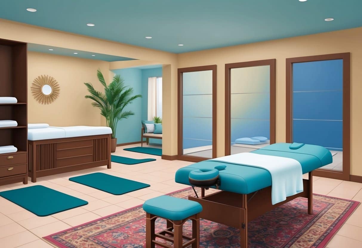 A serene massage room with a massage table and soothing decor, next to a spacious area with mats and equipment for assisted stretching