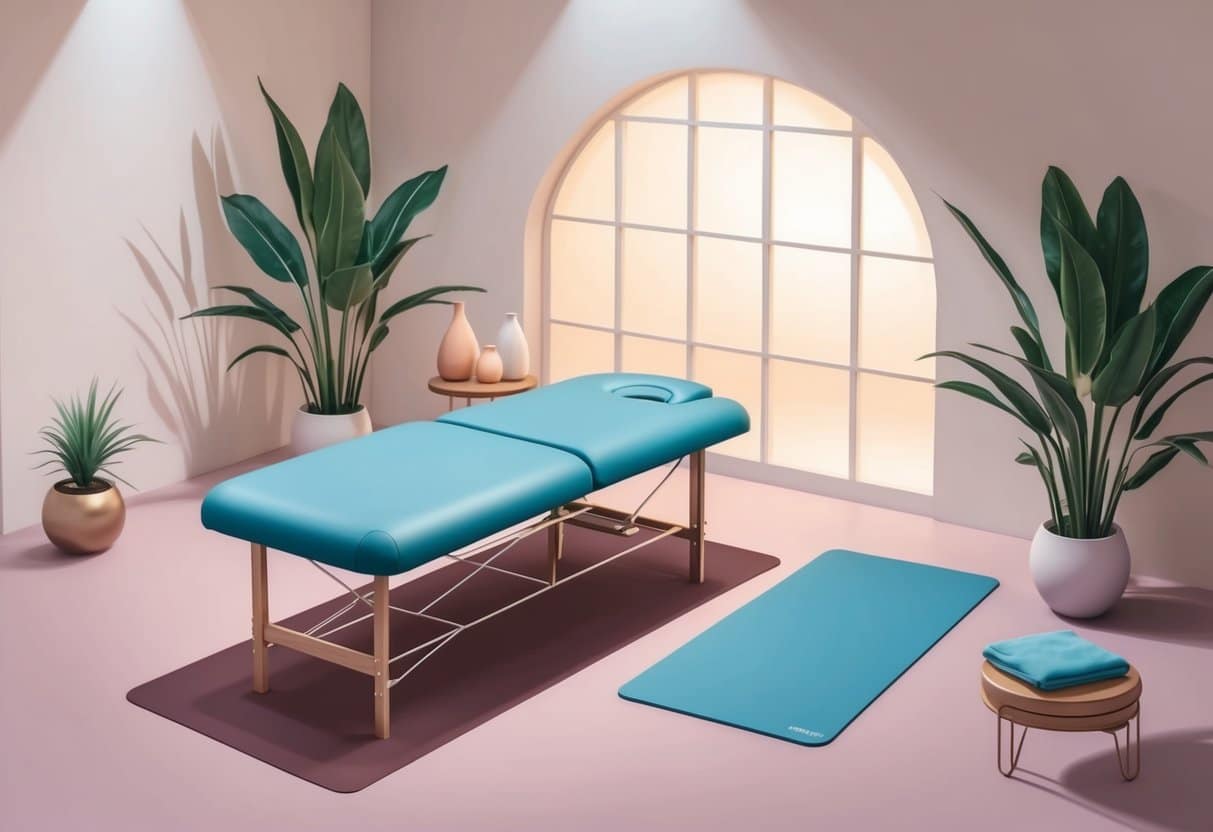 A serene setting with a massage table and a stretching mat side by side, surrounded by calming decor and soft lighting
