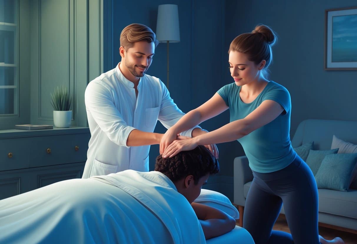 A person receiving a massage and another person receiving assisted stretching in a serene, dimly lit room with soft music playing in the background