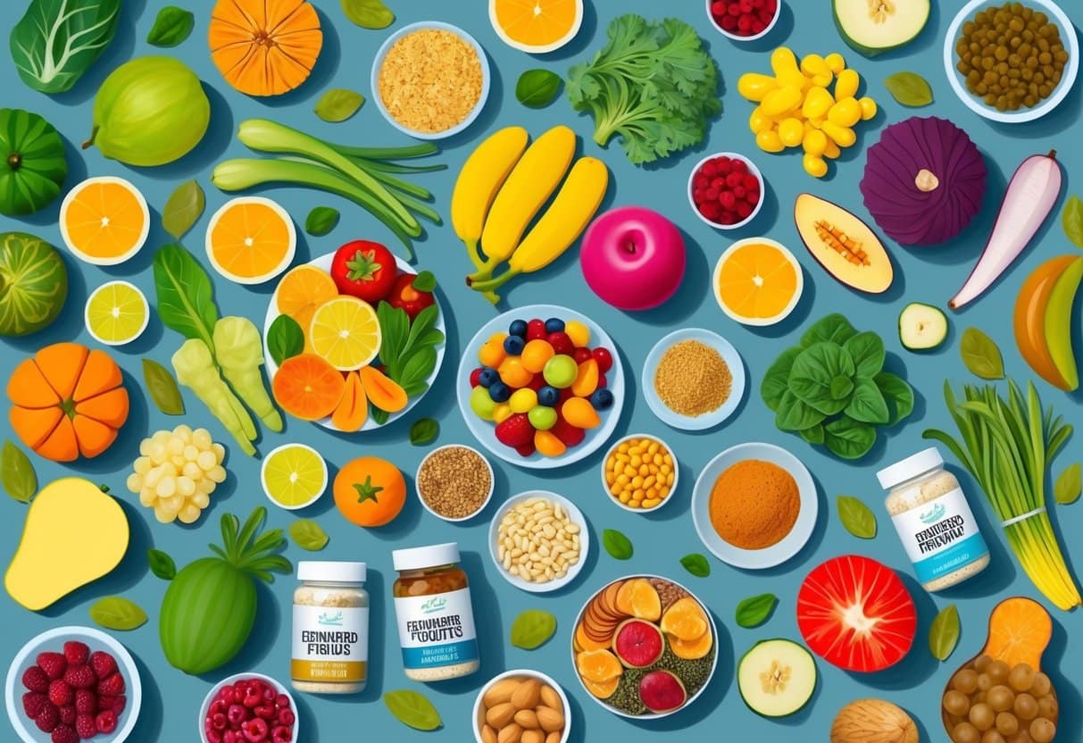 A diverse array of fruits, vegetables, and fermented foods arranged on a table, surrounded by a variety of gut-friendly supplements