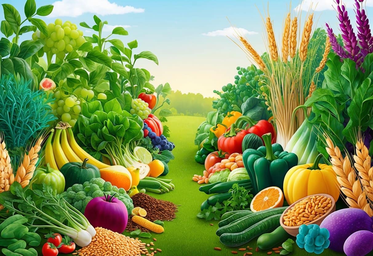 A lush garden with a variety of fruits, vegetables, and whole grains, surrounded by colorful, diverse bacteria and microorganisms