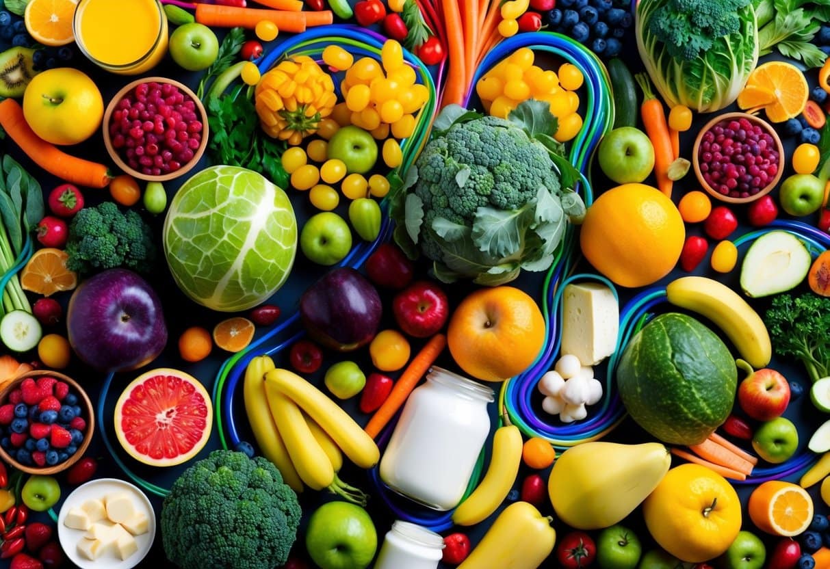 A colorful array of fruits, vegetables, and dairy products, surrounded by vibrant, swirling lines representing the digestive system
