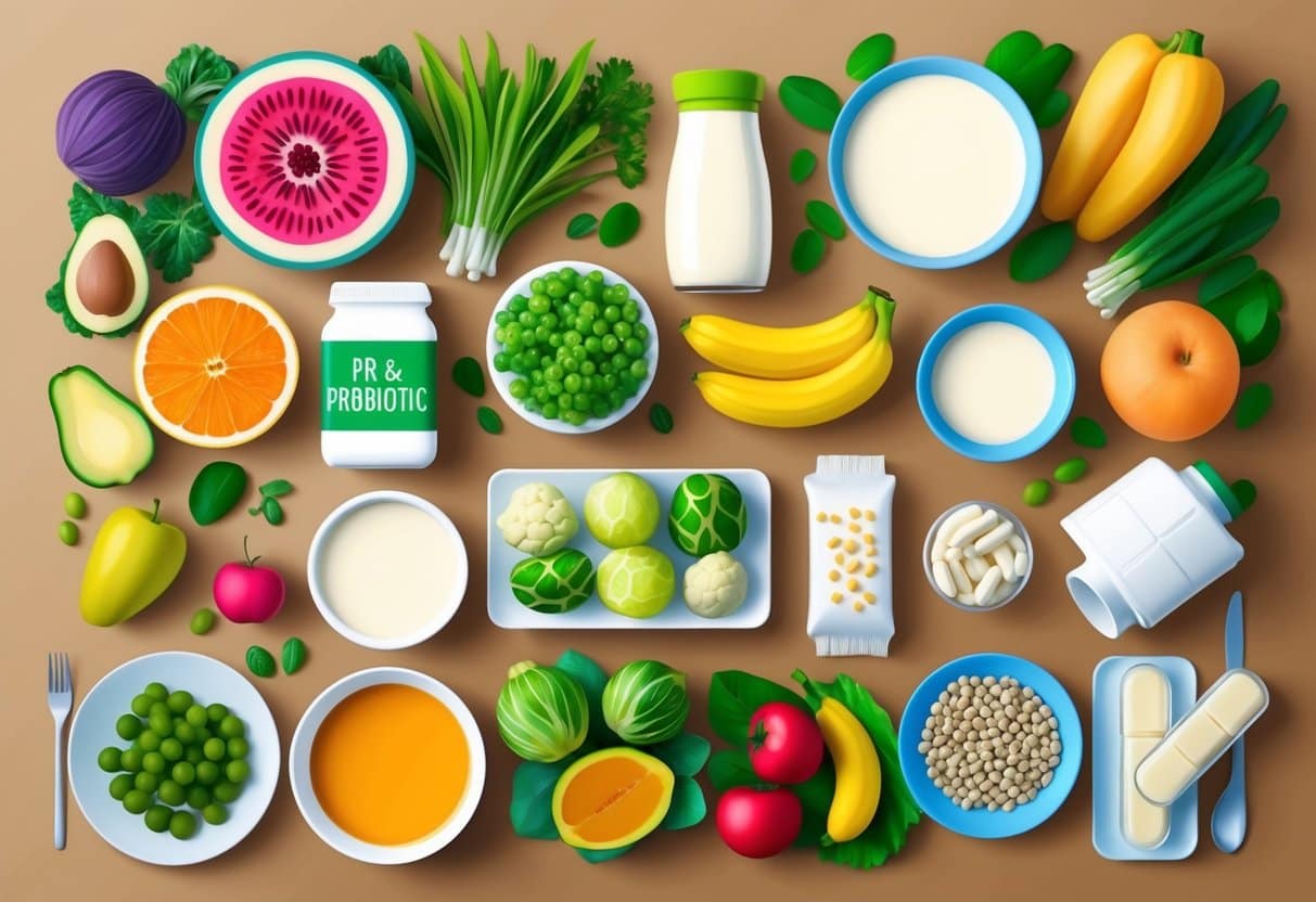 A variety of fruits, vegetables, dairy products, and supplements are arranged on a table, showcasing common food sources for pre and probiotics