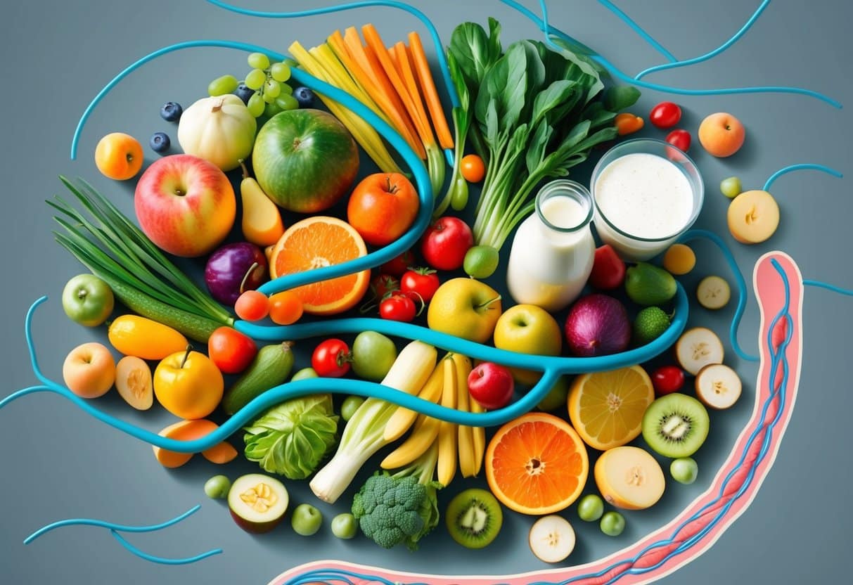 A colorful array of fruits, vegetables, and dairy products, surrounded by swirling lines representing the digestive system