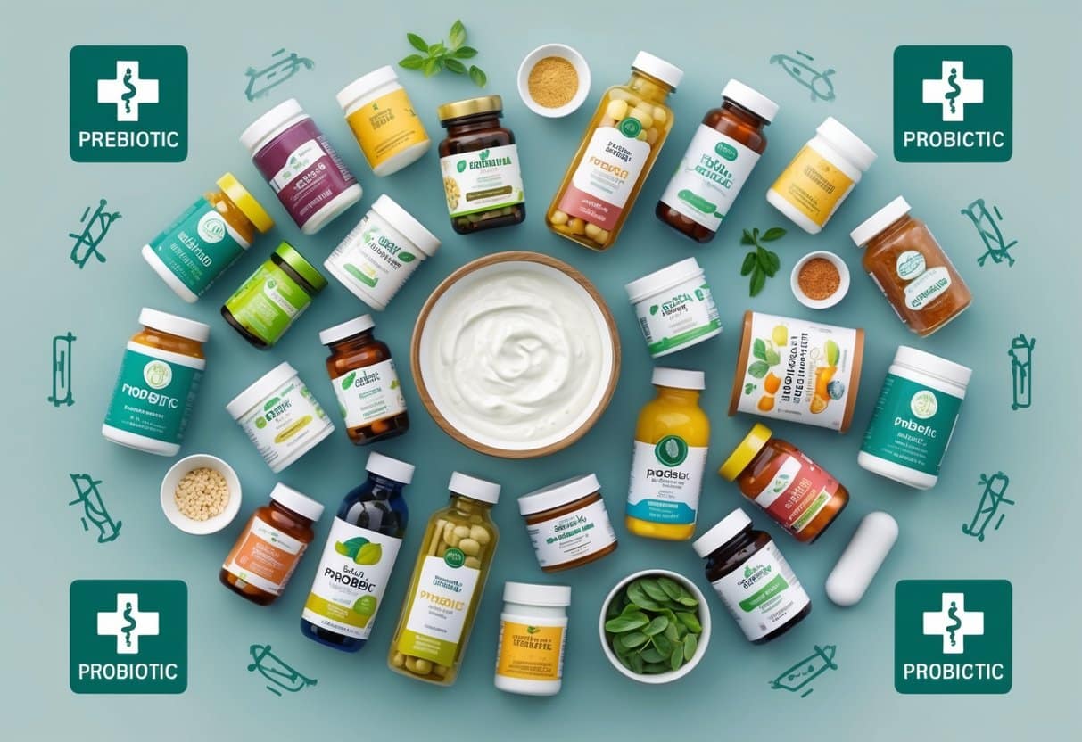 A collection of various foods and supplements, some labeled "prebiotic" and "probiotic," surrounded by medical symbols and caution signs