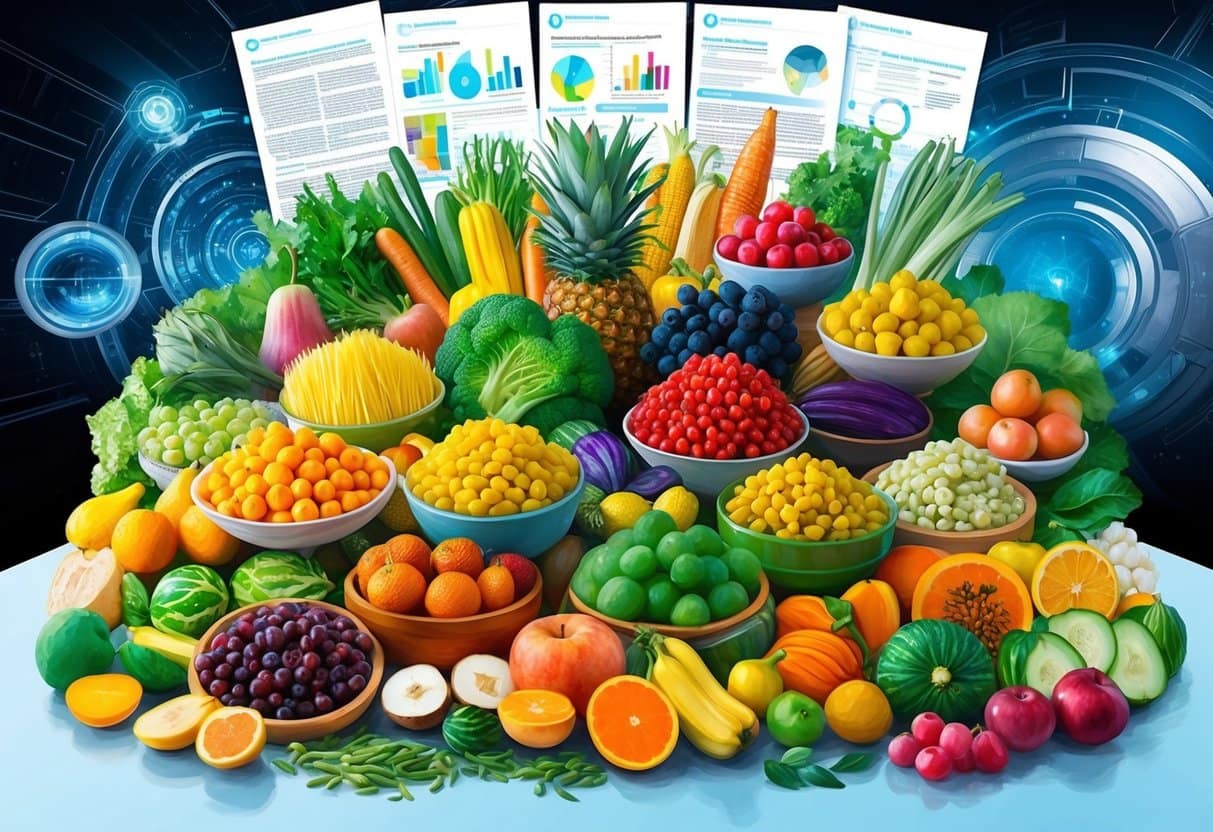 A diverse array of fruits, vegetables, and fermented foods arranged in a colorful and vibrant display, surrounded by a backdrop of scientific research papers and futuristic imagery