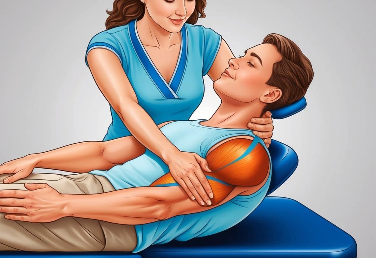 A person receiving a massage therapy assisted stretch, with the therapist gently stretching their limbs and applying pressure to specific muscle groups