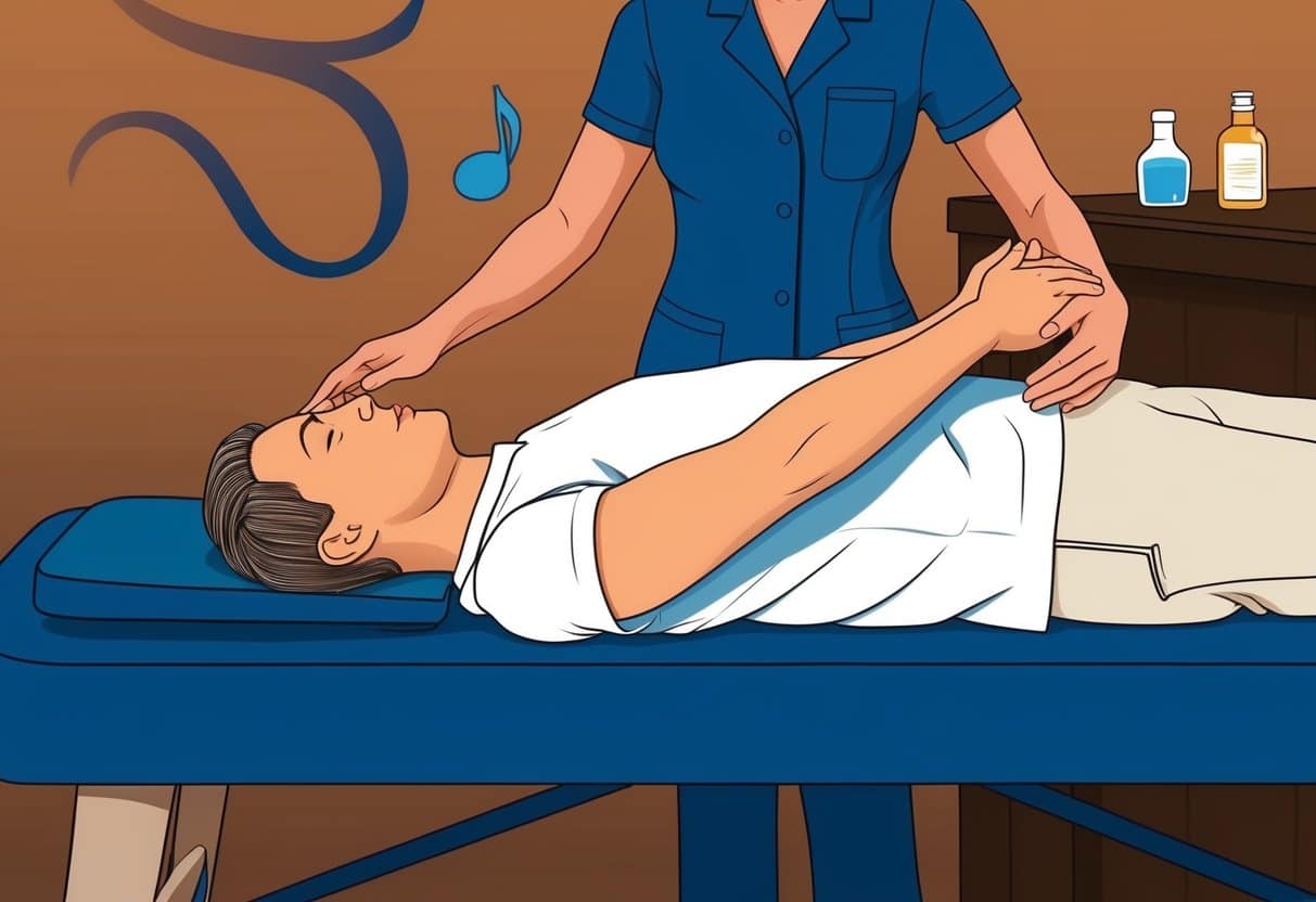 A person lying on a massage table receiving assisted stretching from a therapist, with massage oils and relaxing music in the background